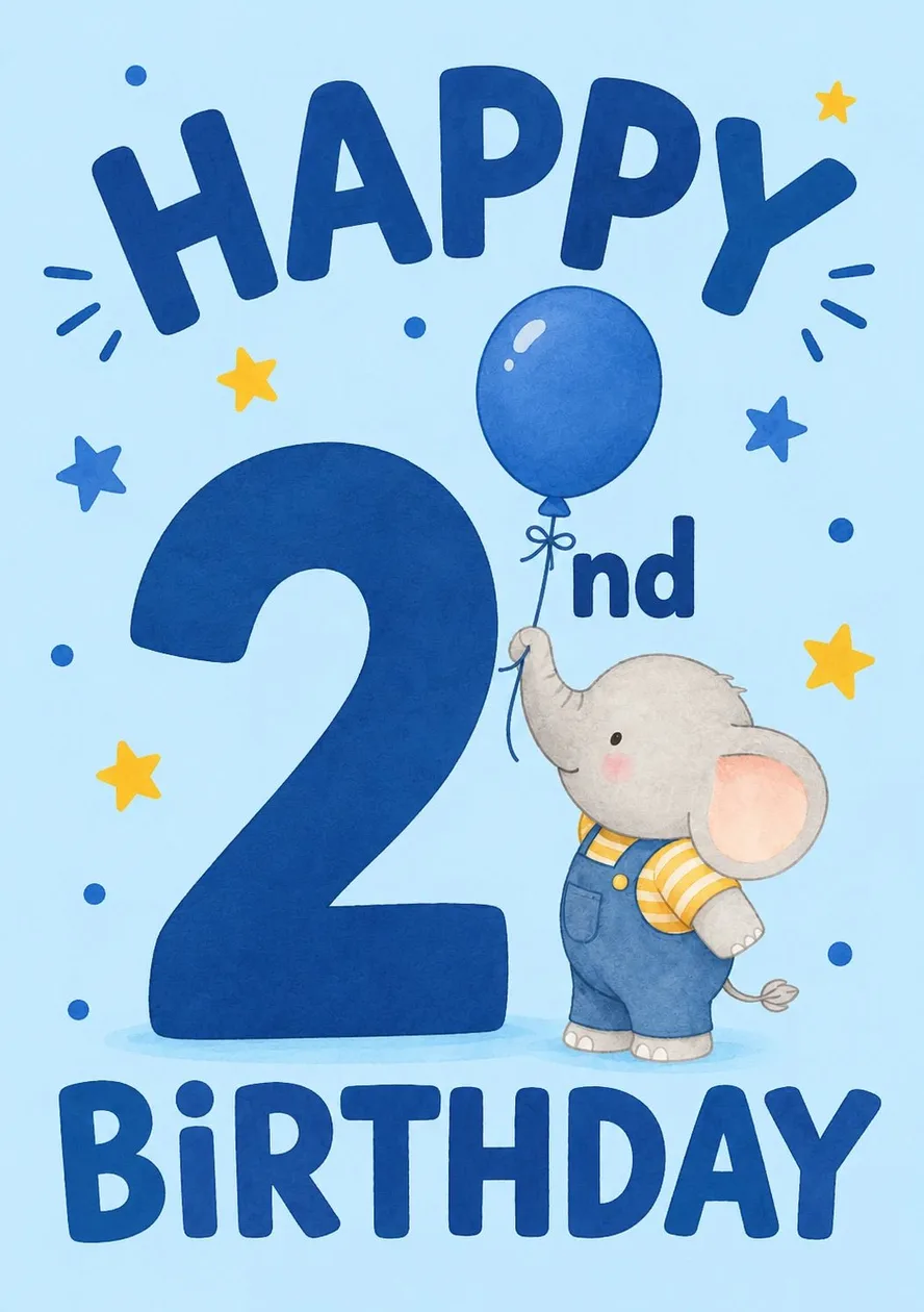 Cute Elephant Blue Balloon 2nd Birthday Card for Him: the shop's own photo