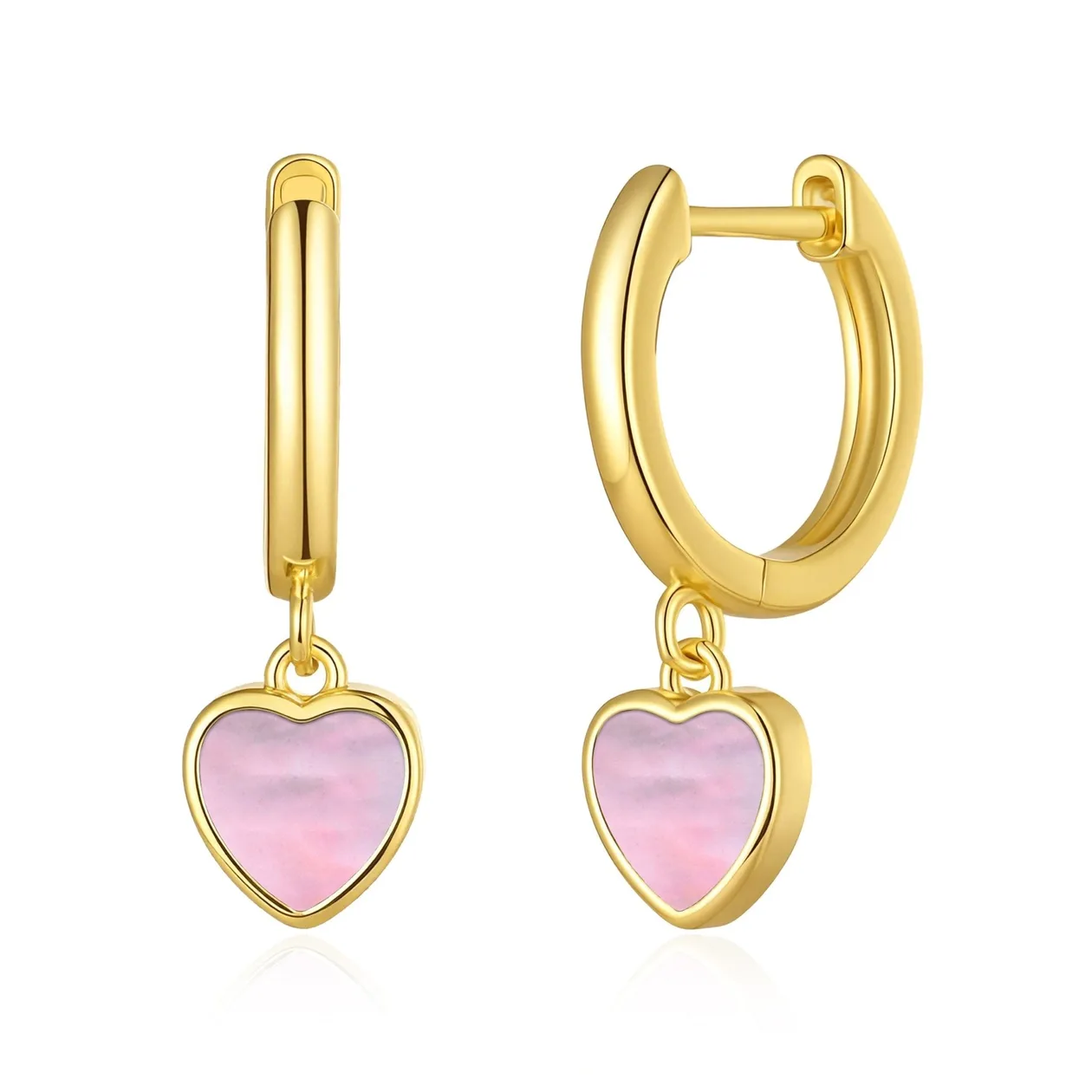 18k Gold Plated Pink Mother of Pearl Gemstone Heart Charm Hoop Earrings: the shop's own photo