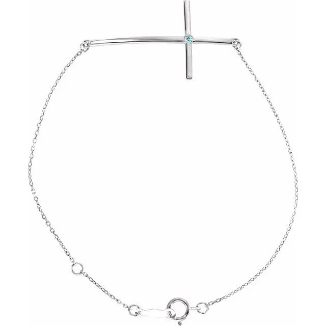 Natural Aquamarine Round Accented Sideways Cross Bracelet In Set - 18k Yellow Gold / 1.30 Carat / Lab-Grown-AAA: the shop's own photo