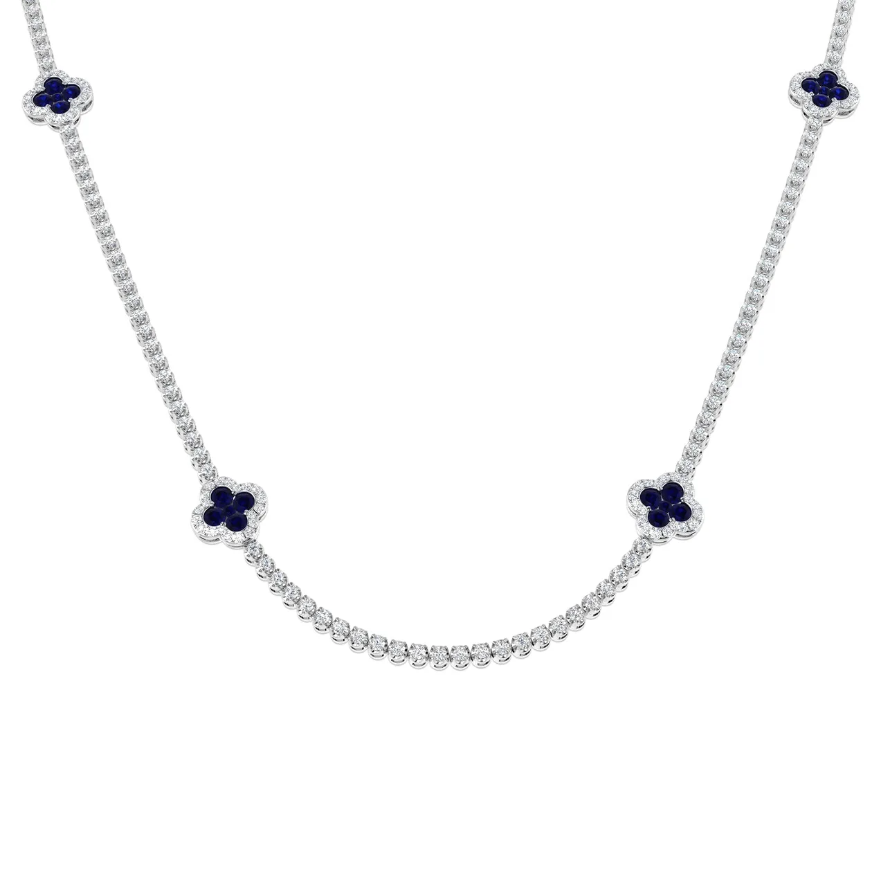 Blue Sapphire Clover Tennis Necklace | Diamond Station Necklace with Floral Motifs - 18k White Gold / 7.00 Carat / Natural Diamond(F/SI): the shop's own photo