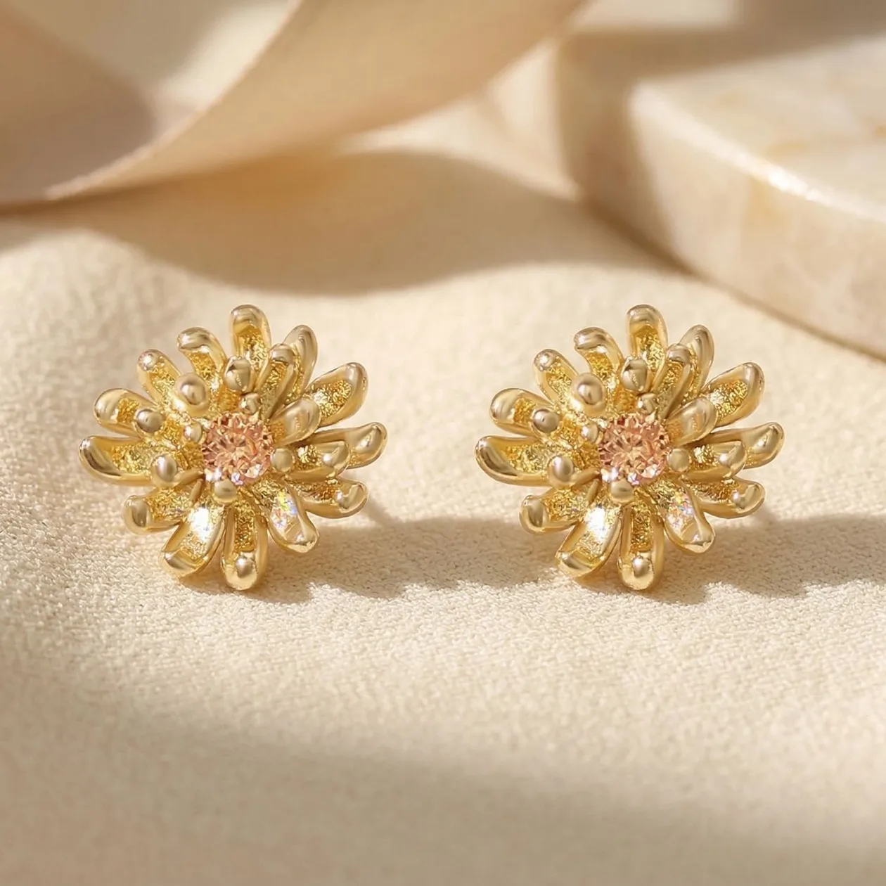 Citrine November Birthstone Chrysanthemum Birthflower Gold Plated Stud Earrings: the shop's own photo