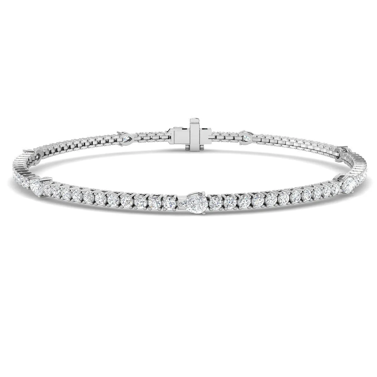 18K White Gold Natural Round & Pear Cut Diamond Tennis Bracelet with Box Clasp - Two Shape Diamond - 9k Yellow Gold / 1.80 Carat / Lab Grown Diamond: the shop's own photo