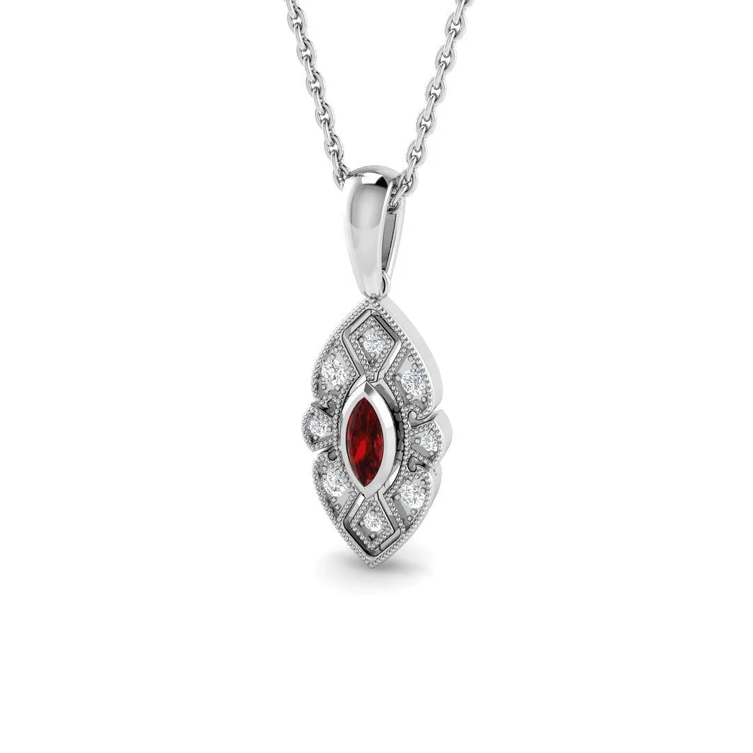 Vintage Ruby Diamond Marquise Pendant Necklace | Gold & Platinum - 18k White Gold / 0.20 Carat / Natural Diamond(F/SI): the shop's own photo