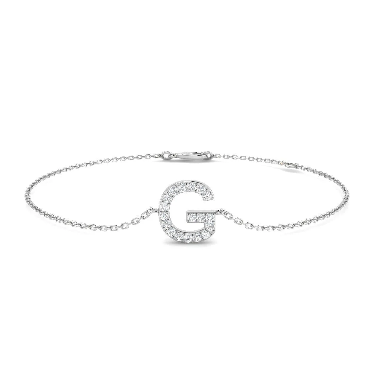 Natural Round Cut Initial G Letter Diamond Chain Bracelet in 18K Yellow Gold with Lobster Claw - 9k White Gold / 0.15 Carat / Lab Grown Diamond: the shop's own photo