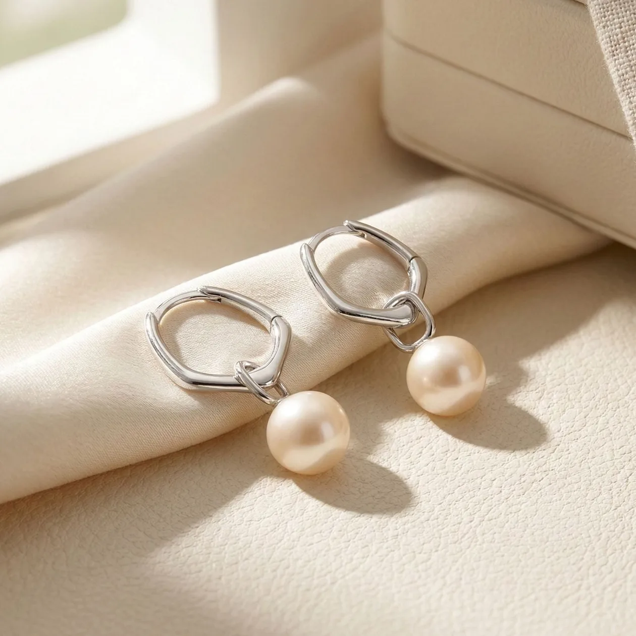 Unique Misshapen Sterling Silver Hoop Earrings with Synthetic Pearl Charm: the shop's own photo