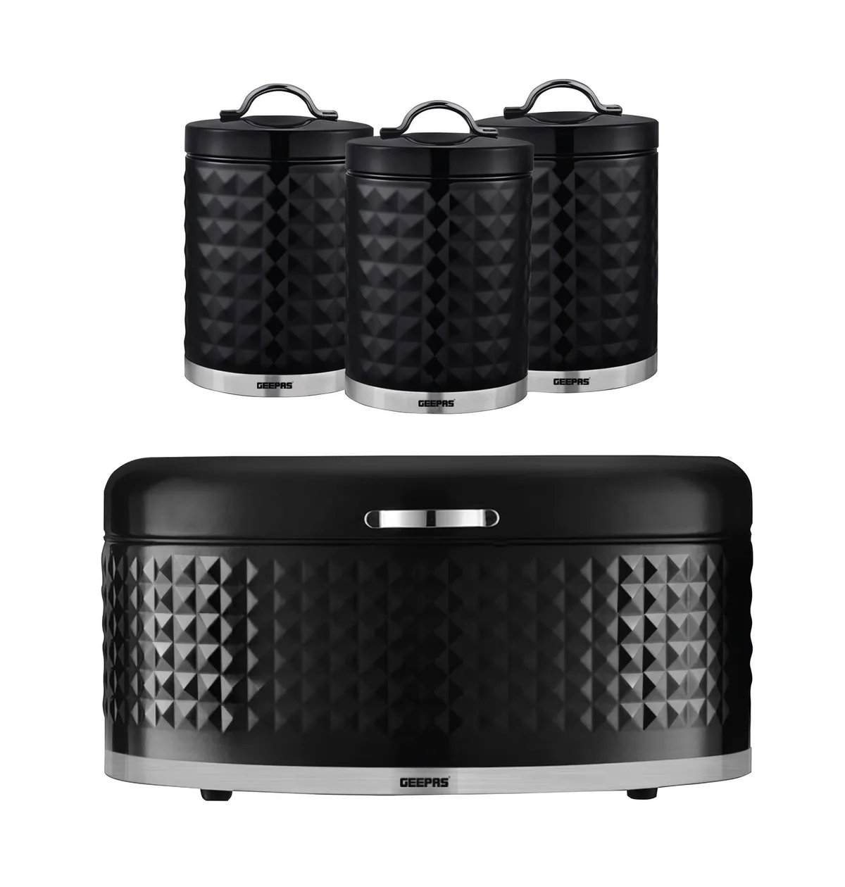 4Pc Tea Coffee Sugar Canister 1.3L & 9L Bread Bin Set Argyle Black: the shop's own photo