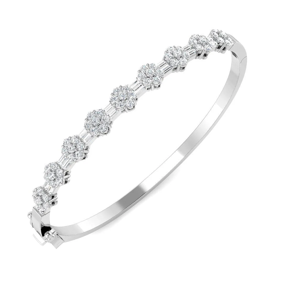 18K Yellow Gold Natural Baguette and Round Cut Floral Eternity Bangle with Hinged Box Lock - 9k White Gold / 2.00 Carat / Lab Grown Diamond: the shop's own photo