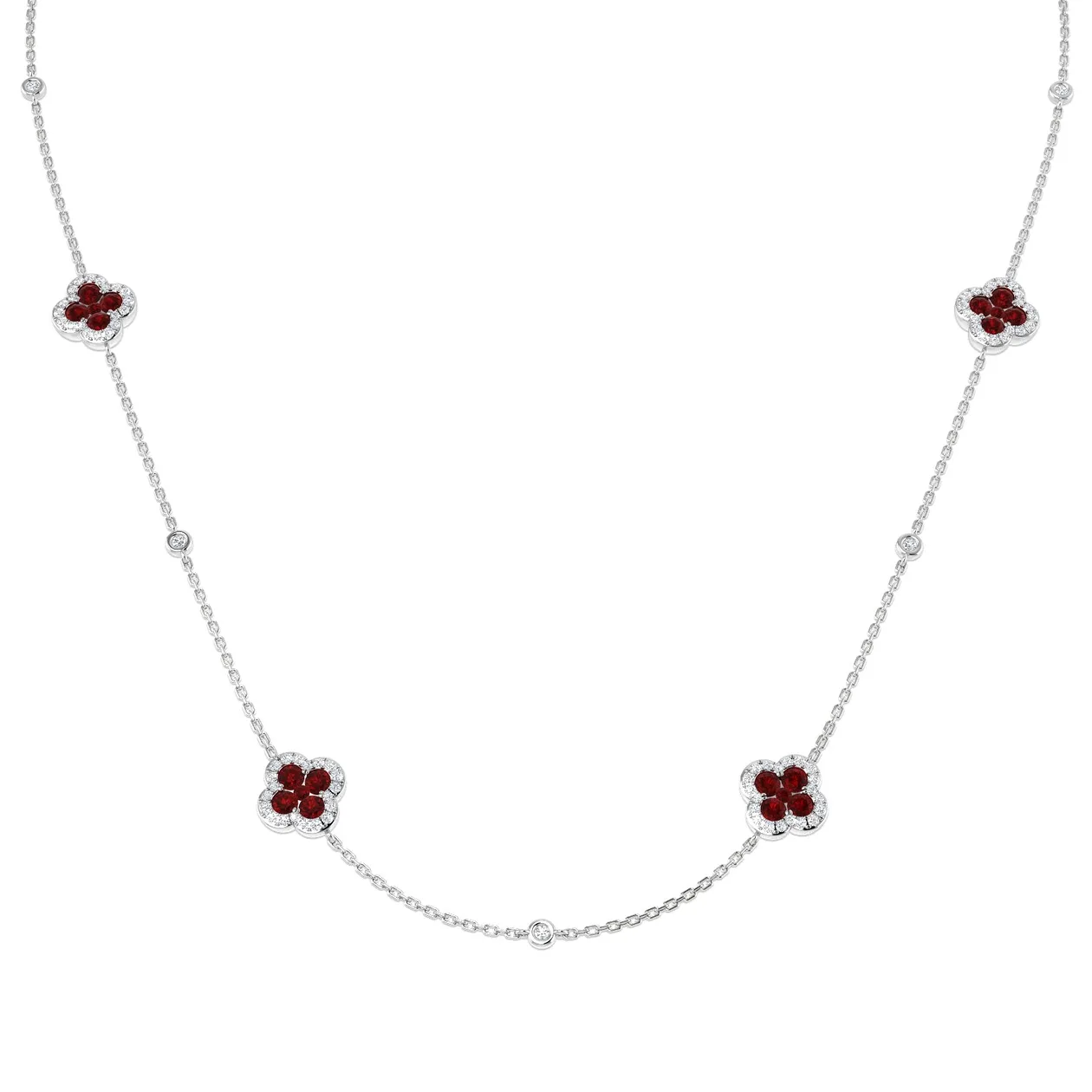 Ruby Flower Station Necklace with Diamond Accents -Clover Design - 18k White Gold / 2.50 Carat / Natural Diamond(F/SI): the shop's own photo