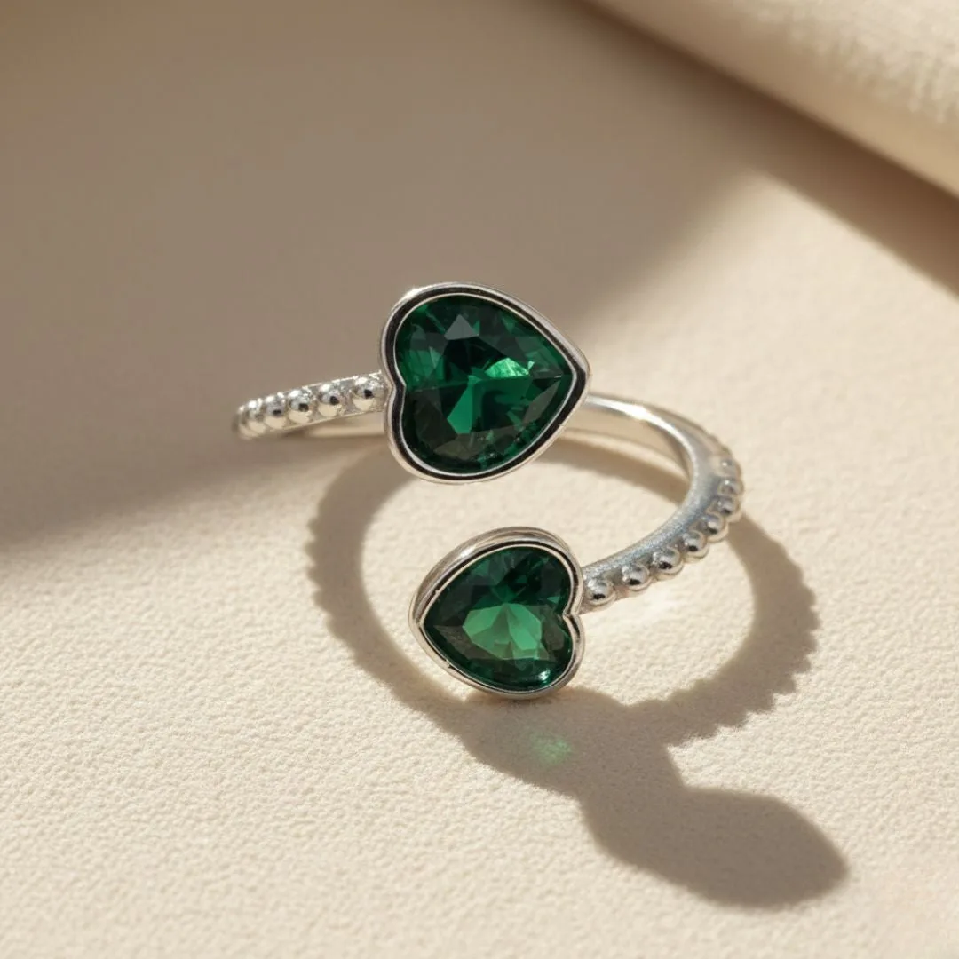 Double Heart Emerald Heart May Birthstone Adjustable Silver Ring: the shop's own photo
