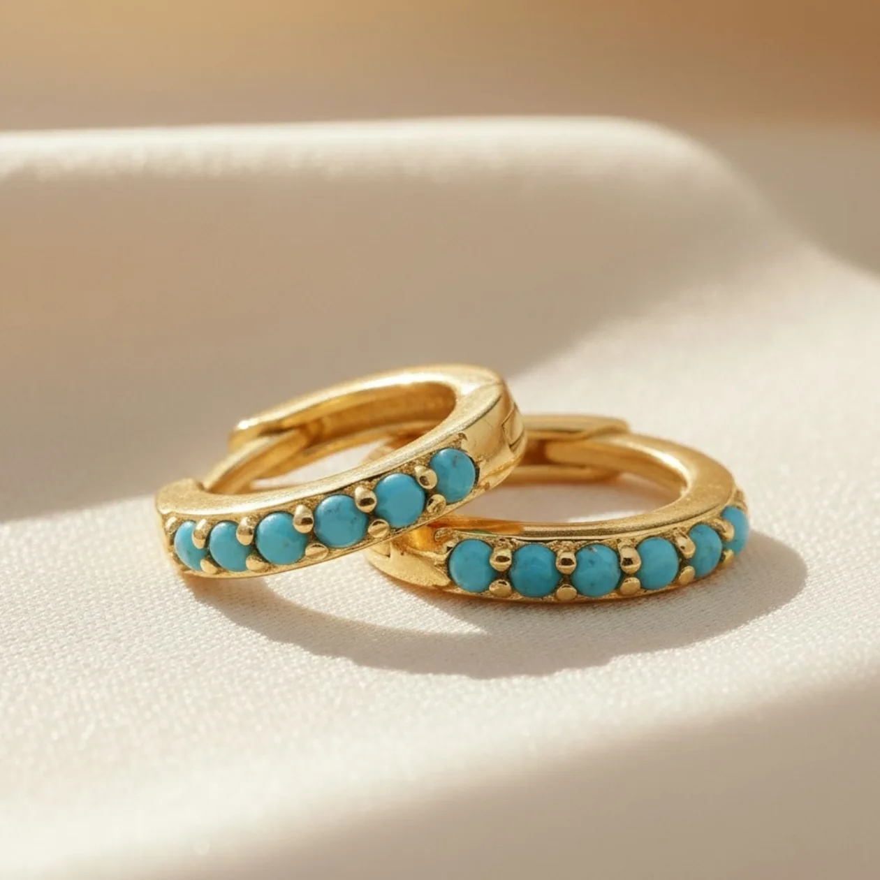 Turquoise December Birthstone Huggie Gold Plated Hoop Earrings: the shop's own photo