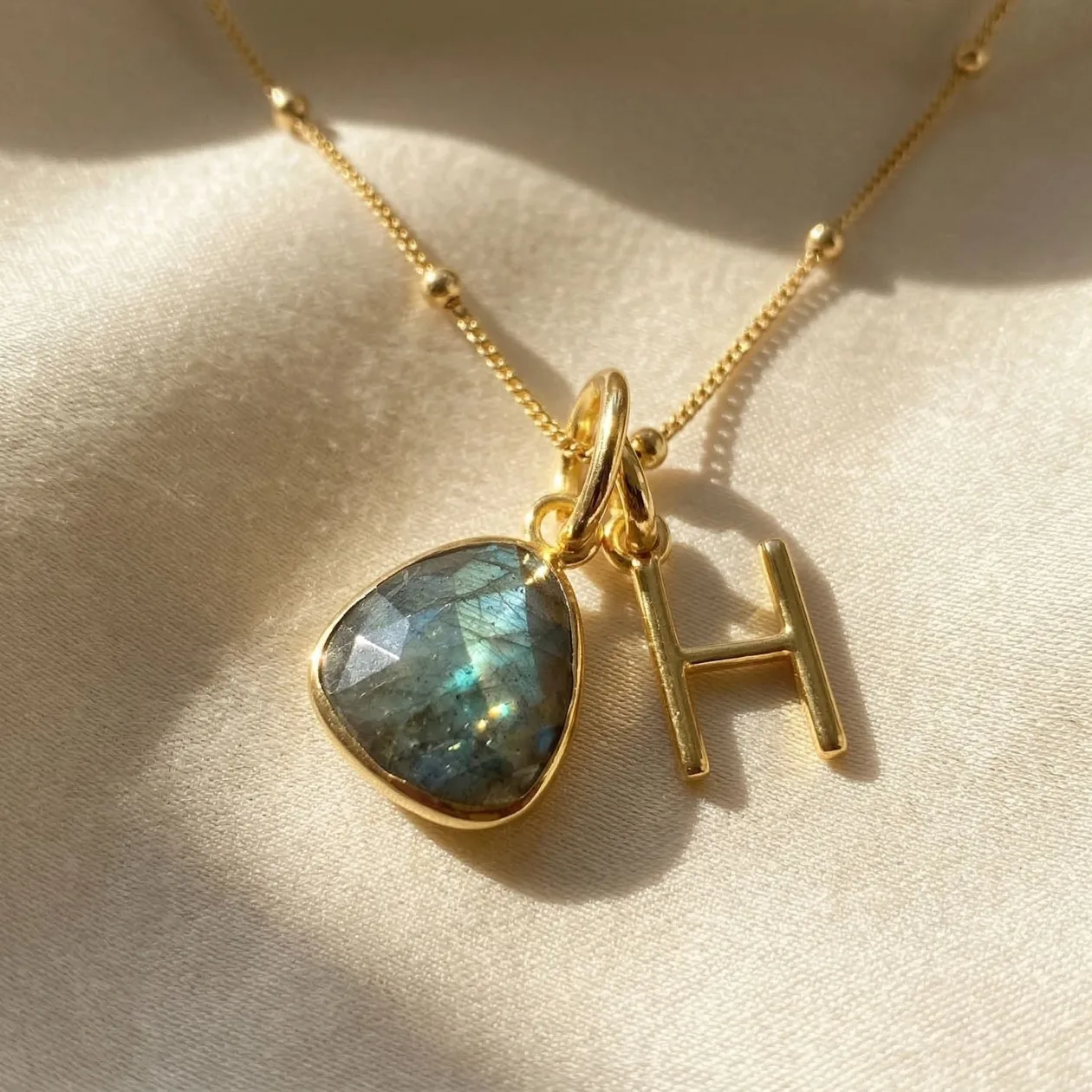 18ct Gold Plated Labradorite Initial Necklace - H / Fine chain: the shop's own photo
