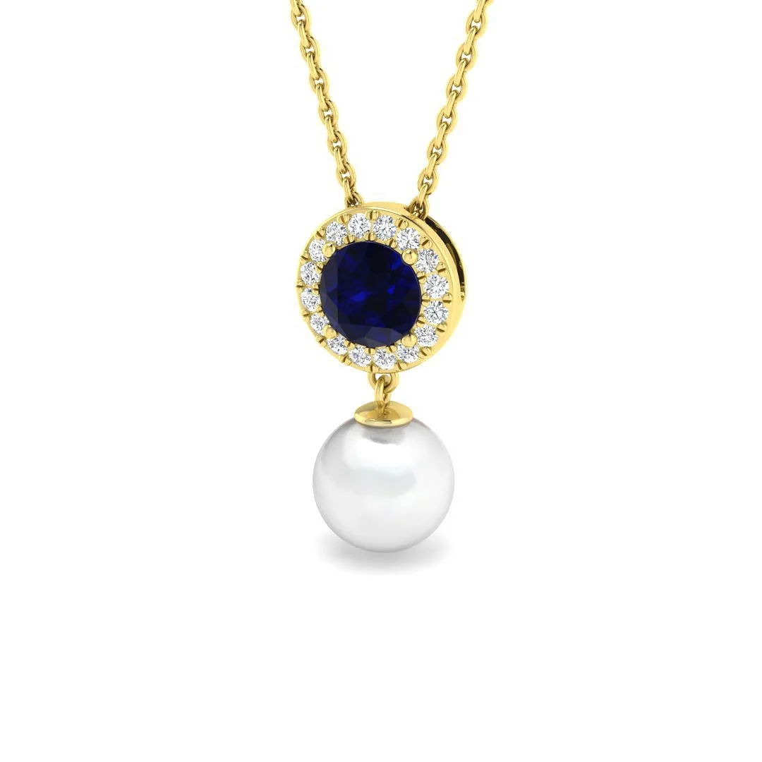 Blue Sapphire & Pearl Pendant 4ct Gold Necklace (Lab & Natural Diamonds) - 9k Yellow Gold / Natural Diamond(F/SI) / 4.00 Carat: the shop's own photo