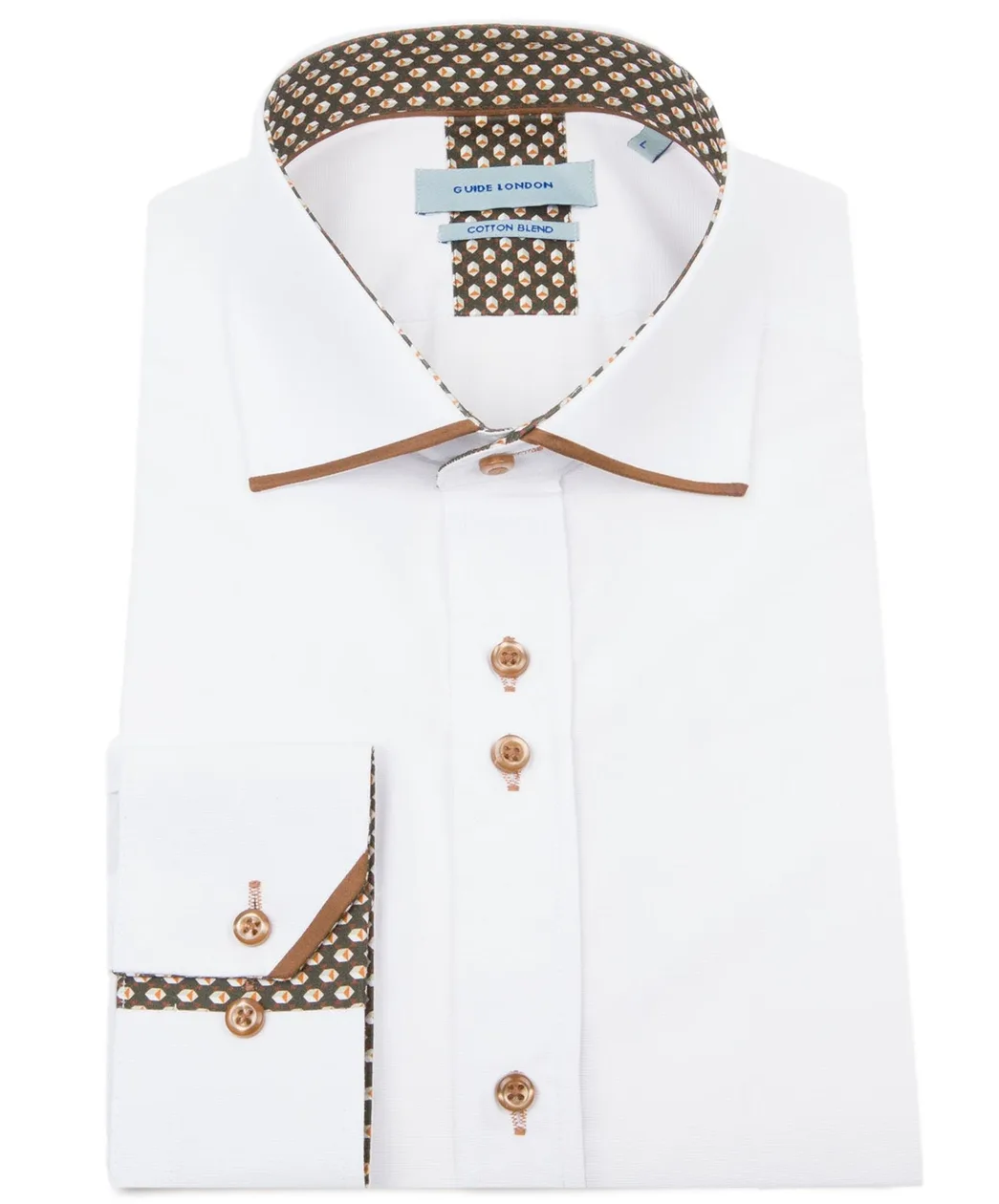 White Tan Long Sleeve Panelled Collar End on End Shirt: the shop's own photo