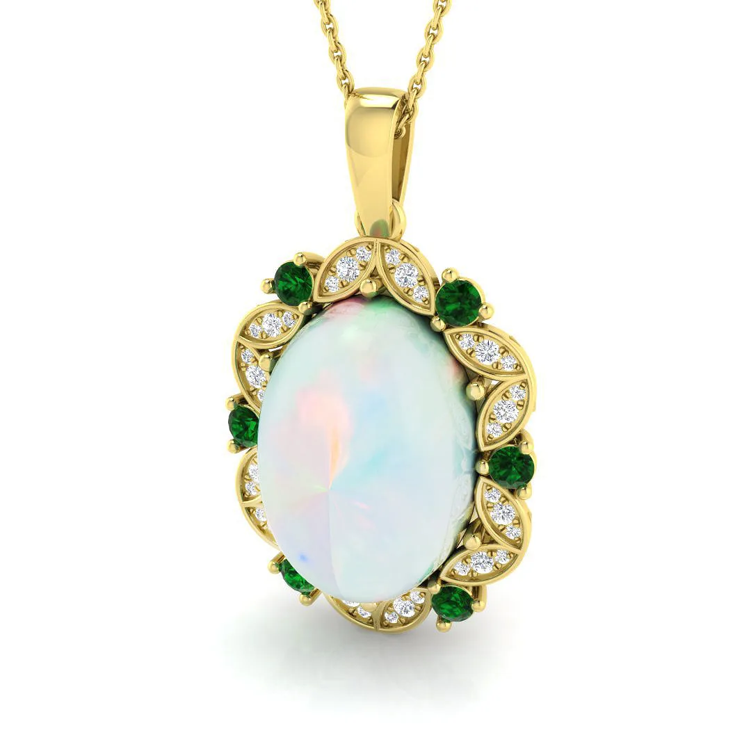 Emerald & Opal Diamond Pendant 8.5ct Gold & Platinum Necklace - 9k Yellow Gold / Natural Diamond(F/SI) / 8.50 Carat: the shop's own photo
