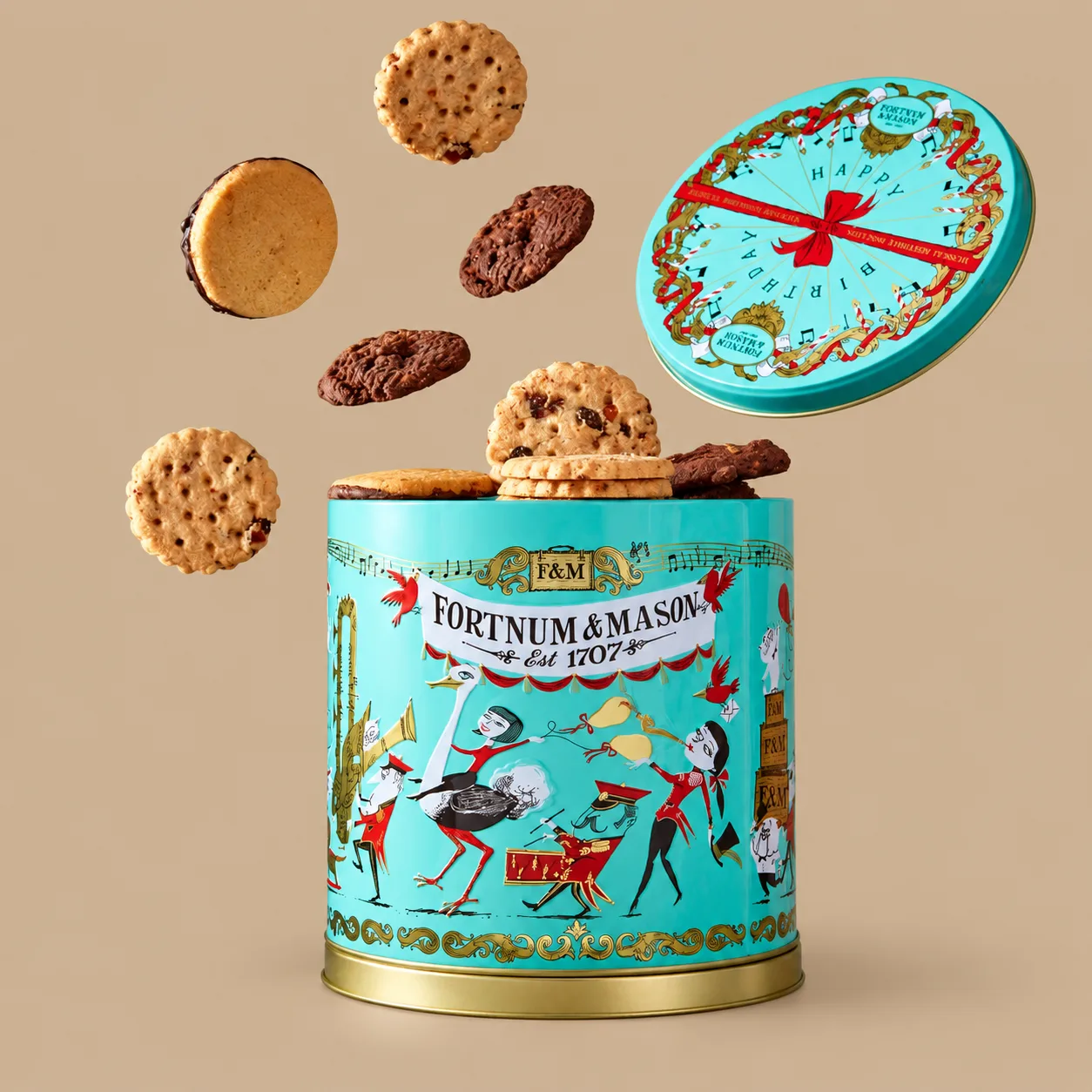 Fortnum & Mason Musical Birthday Biscuit Tin 475g: the shop's own photo