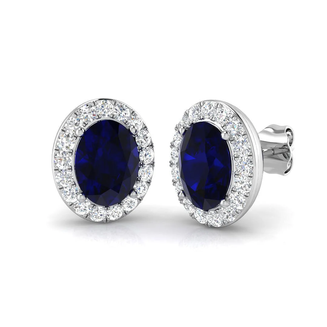 Blue Sapphire Gemstone Halo Stud Earrings | Oval & Round Cut | 9K White, Yellow & Rose Gold - 9k White Gold / 3.00 Carat / Natural Diamond(F-VS): the shop's own photo