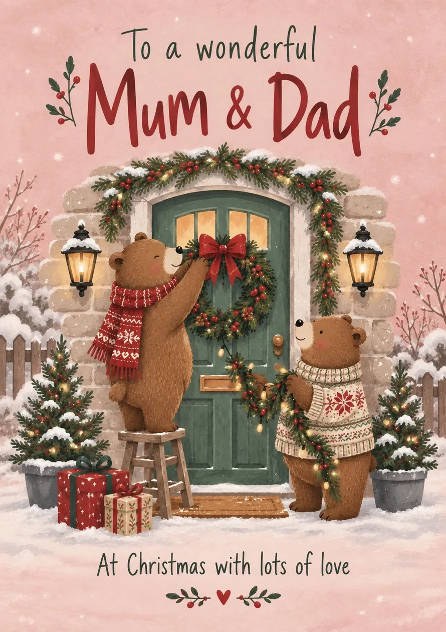 Cute Bears Decorating Door Mum & Dad Christmas Card: the shop's own photo