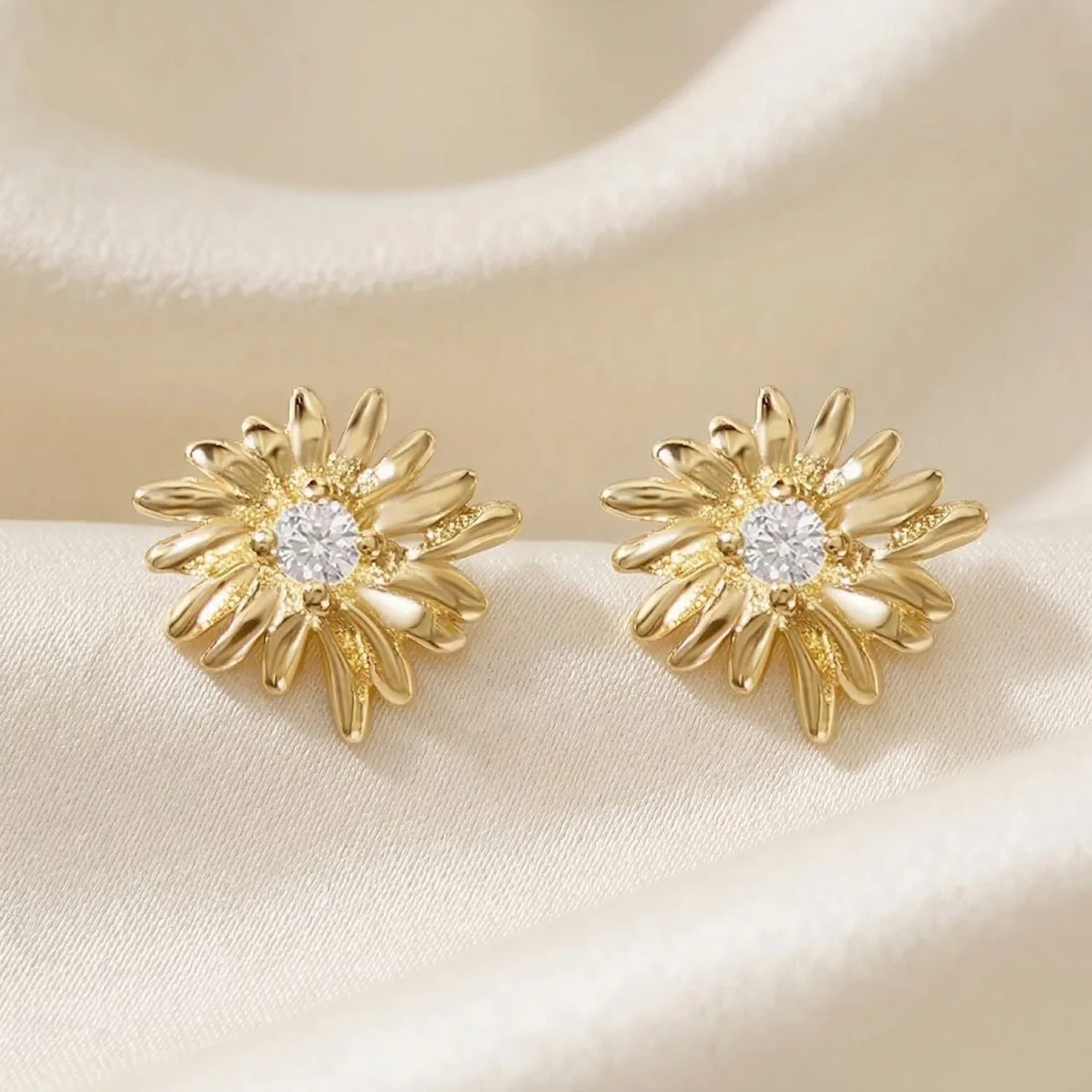 White Topaz April Birthstone Daisy Birthflower Gold Plated Stud Earrings: the shop's own photo