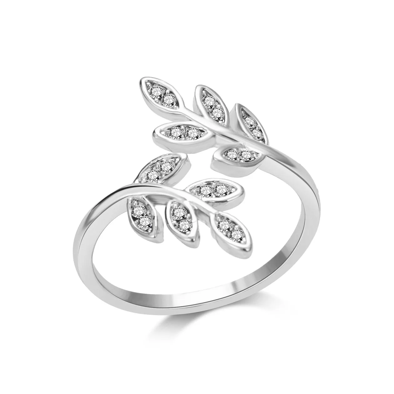 Silver Plated Adjustable Leaf Ring Created with Zircondia® Crystals: the shop's own photo