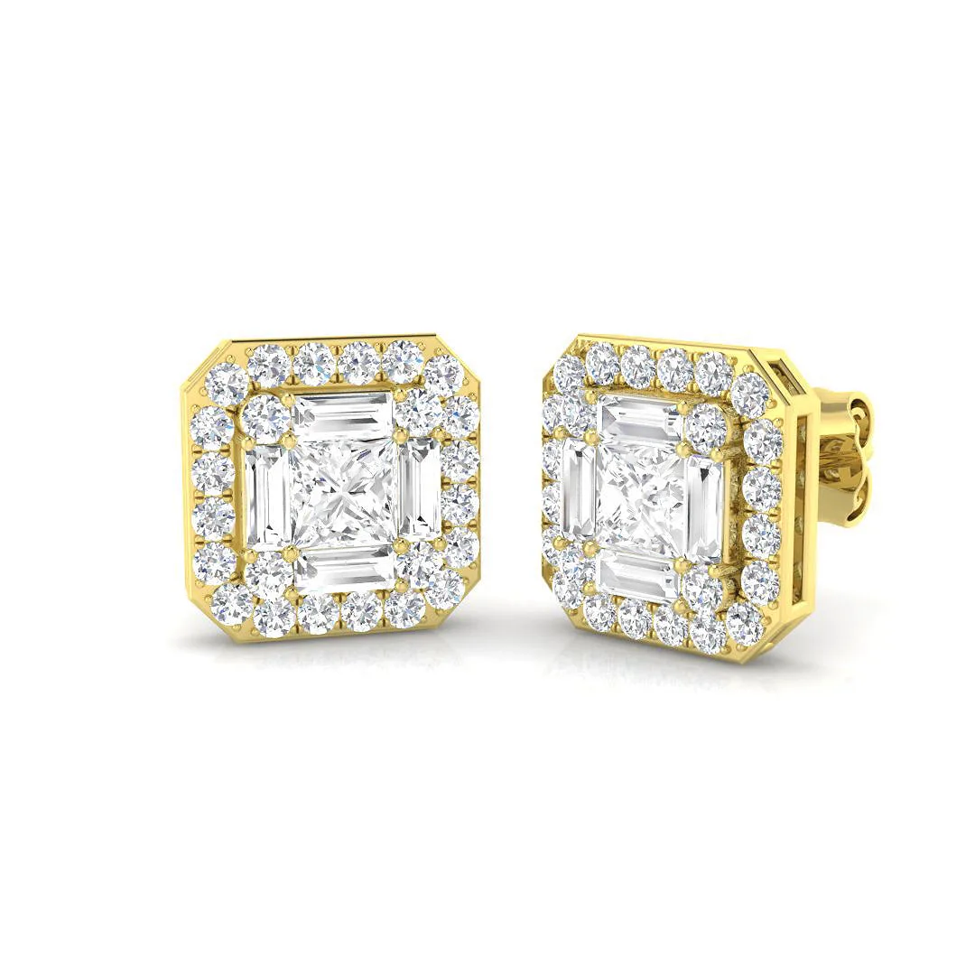 Cluster Earrings with Baguette and Round Diamonds - 1.75ct Square Halo - 1.75 Carat / 9k Yellow Gold / Natural Diamond(F-VS): the shop's own photo