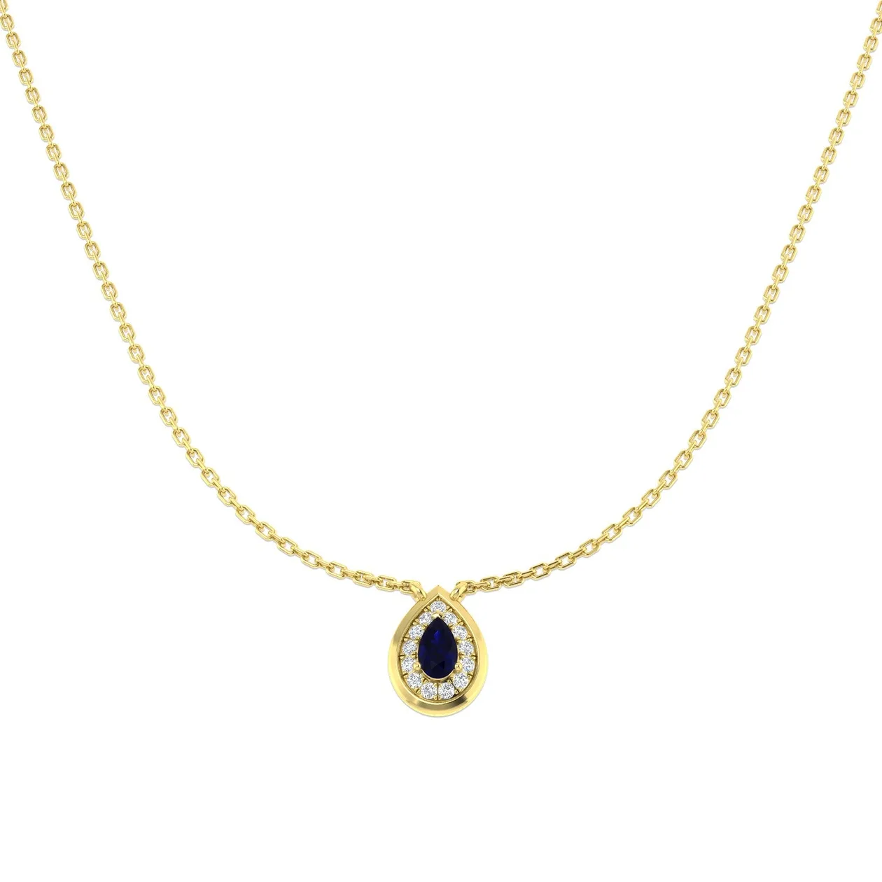 Teardrop Blue Sapphire Pendant Necklace with Diamond Halo - 9k Yellow Gold / 0.50 Carat / Natural Diamond(F/SI): the shop's own photo