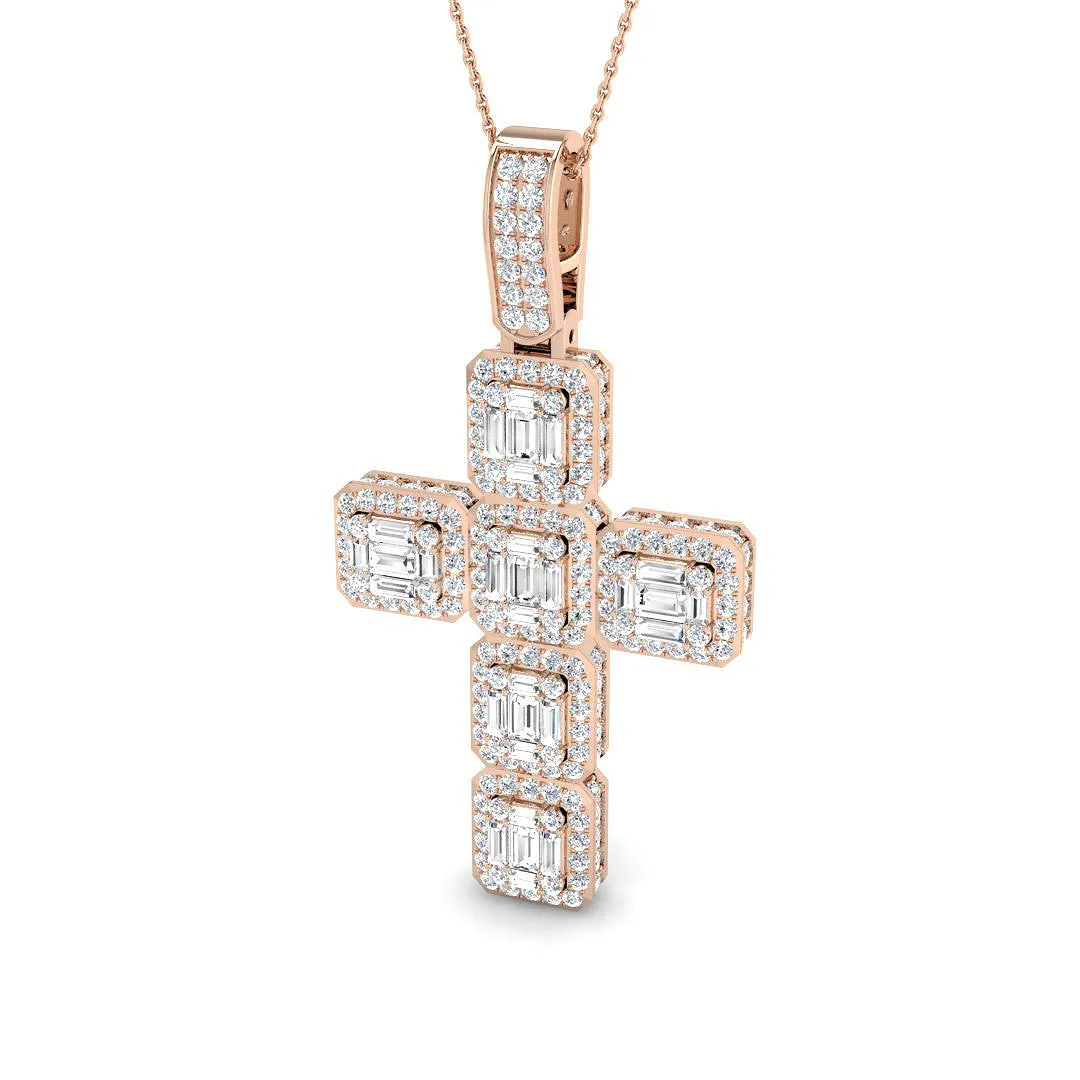 Art Deco Emerald Cut Diamond Cross Pendant Necklace | Halo Diamond Cross - 9k Rose Gold / 3.00 Carat / Lab D/VVS: the shop's own photo