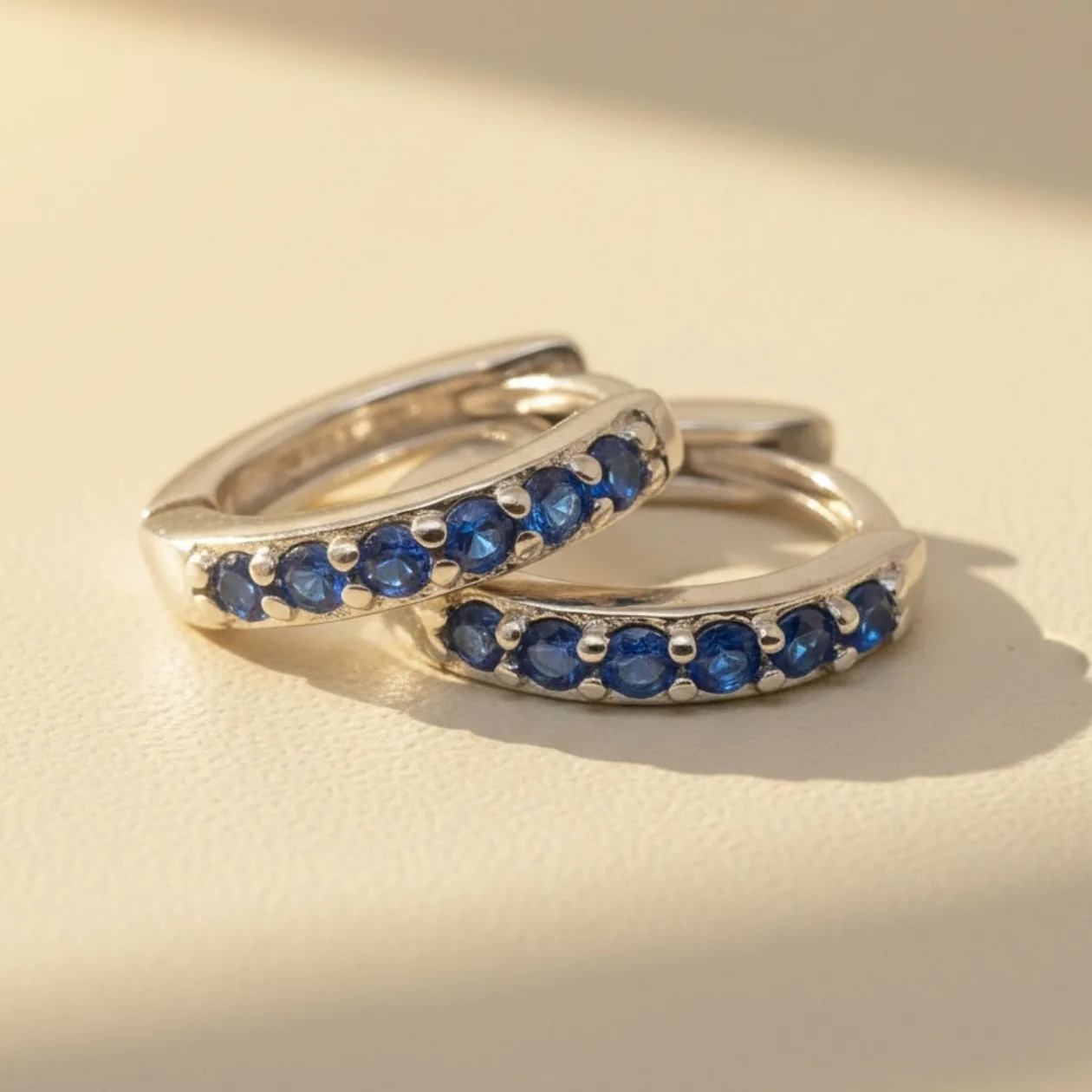 Sapphire September Birthstone Huggie Hoop Sterling Silver Earrings: the shop's own photo