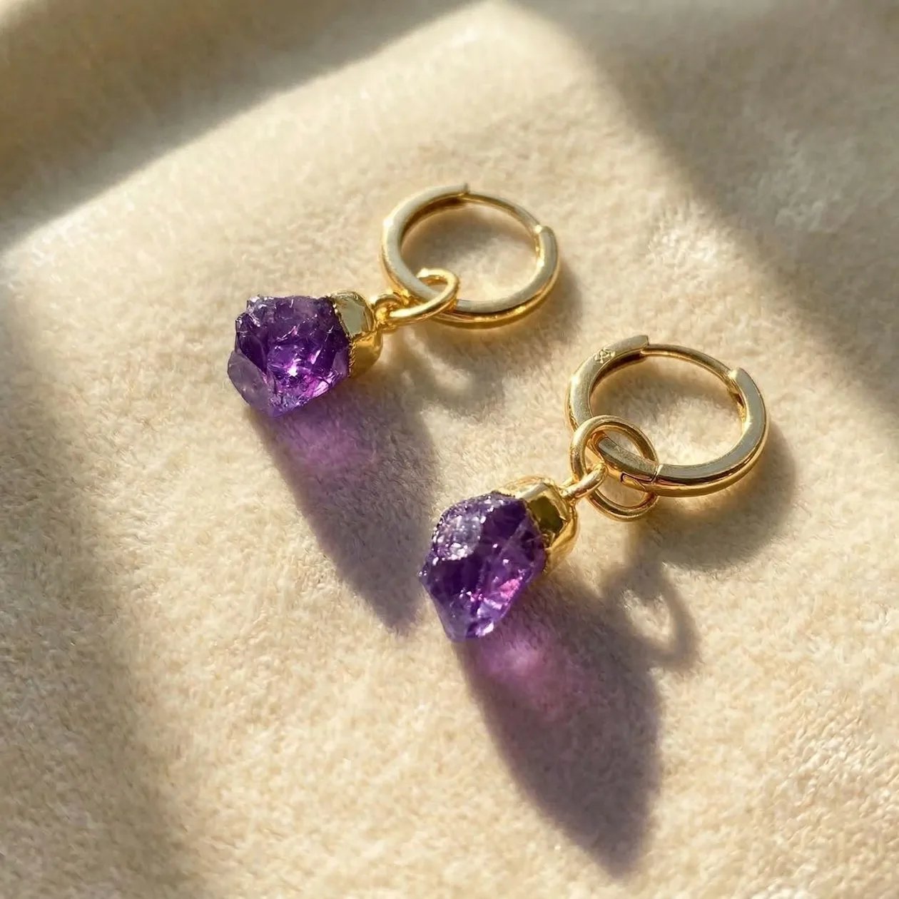 Raw Amethyst February Birthstone Gold Plated Huggies: the shop's own photo
