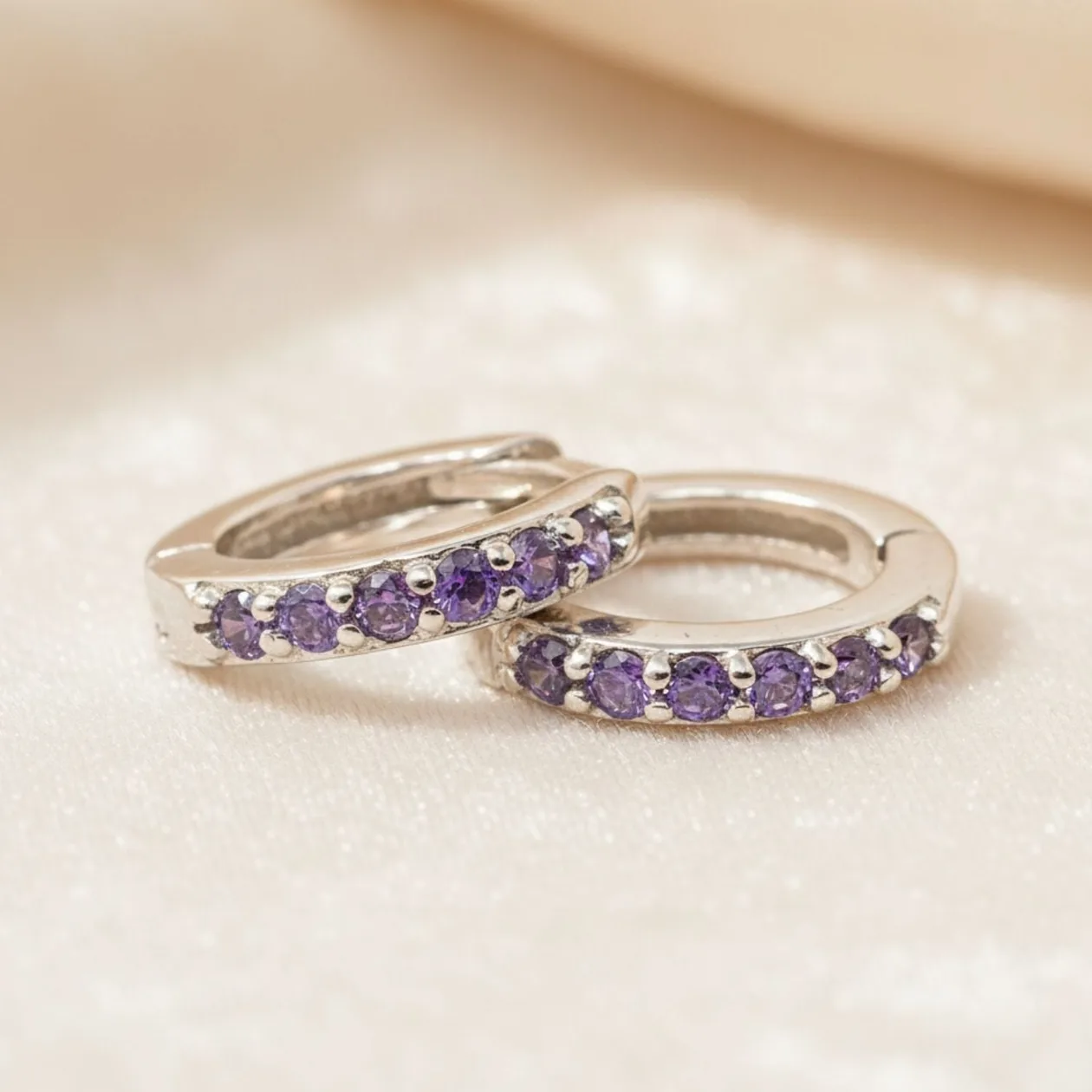 Amethyst February Birthstone Small Silver Huggie Hoops: the shop's own photo