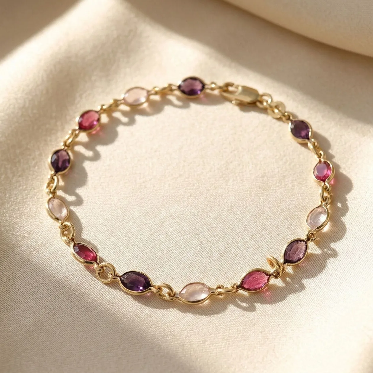 Pink And Purple Multi Gemstone Gold Plated Bracelet: the shop's own photo