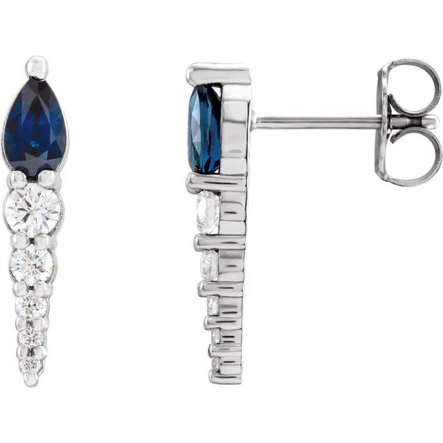 Blue Sapphire & Diamond Pear Bar Earrings | 9K White Gold - 9K White Gold / 1.55 Carat / Lab-Grown-AAA: the shop's own photo